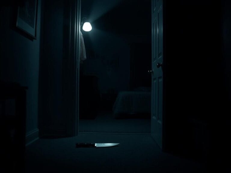 Flick International Dimly lit child's bedroom doorway with a knife silhouette on the floor