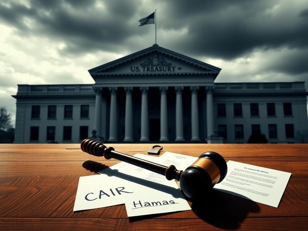 Flick International A shadowy silhouette of a gavel on a wooden table alongside documents labeled CAIR and Hamas, set against the U.S. Treasury building.
