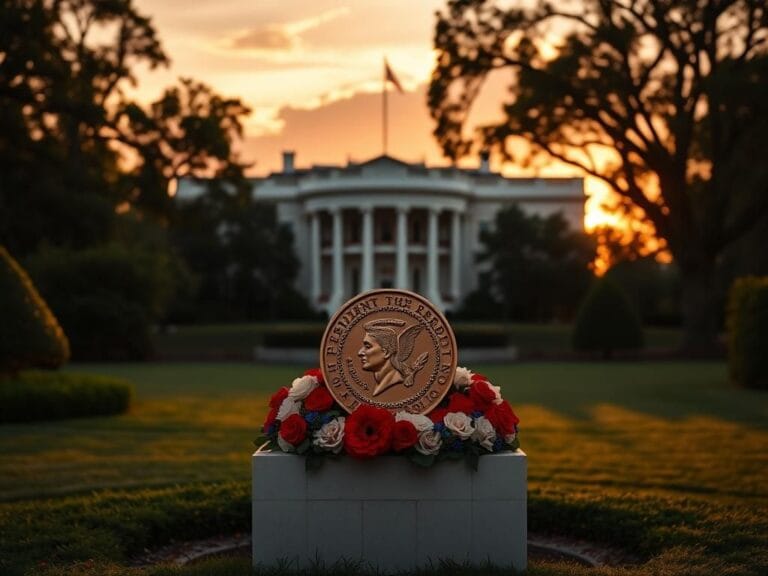 Flick International Serene view of the White House Rose Garden at sunset with a Medal of Freedom on display