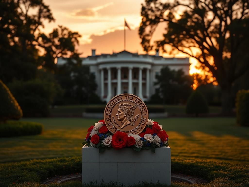 Flick International Serene view of the White House Rose Garden at sunset with a Medal of Freedom on display
