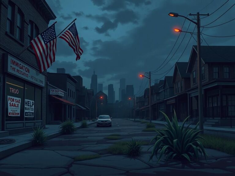 Flick International A deserted urban street at dusk with 'For Sale' signs and overgrown weeds