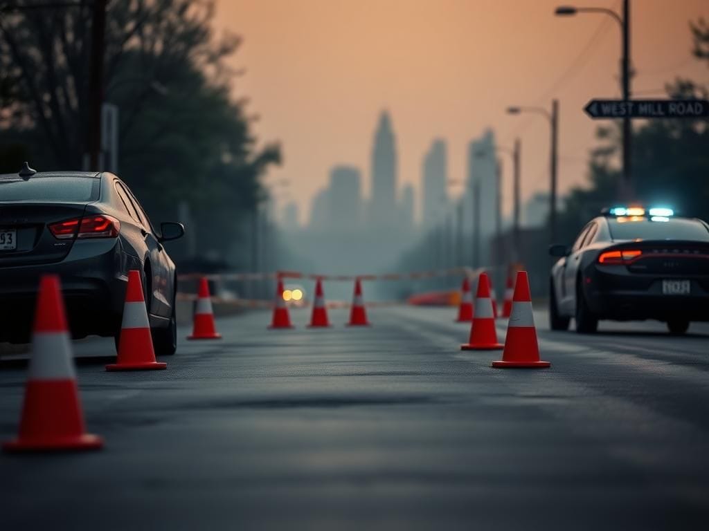 Flick International Quiet street at dawn with construction zone and parked police car