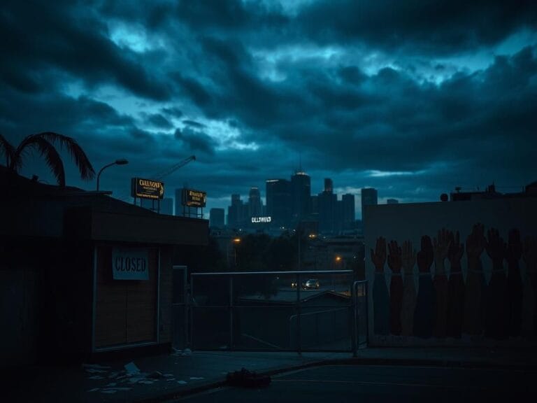 Flick International Dark cityscape of Los Angeles at dusk with the Hollywood sign in the background and an abandoned storefront in the foreground.