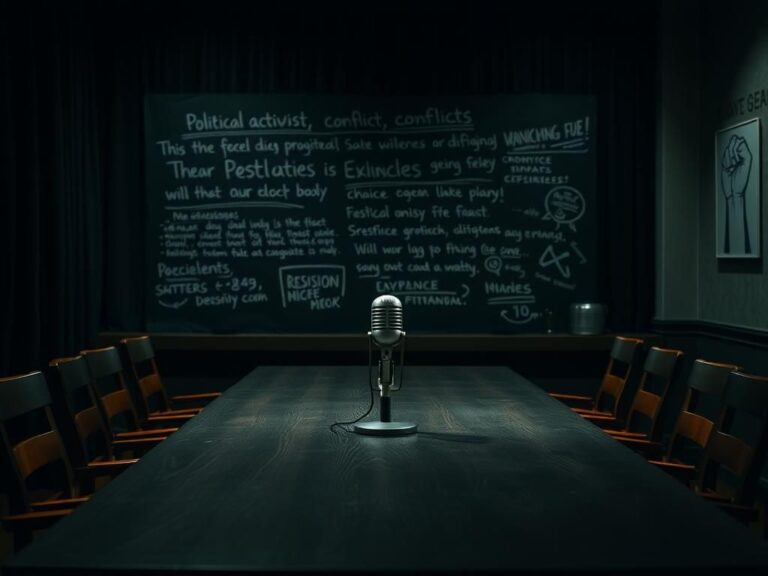 Flick International Dimly lit seminar room with a vintage microphone symbolizing political discourse