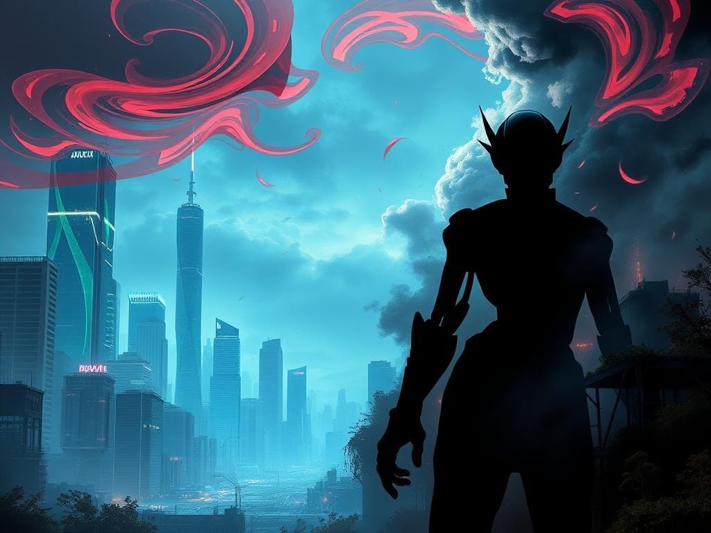 Flick International A futuristic city split in half, one side showcasing advanced technology and the other a decaying urban landscape, highlighting the duality of AI.