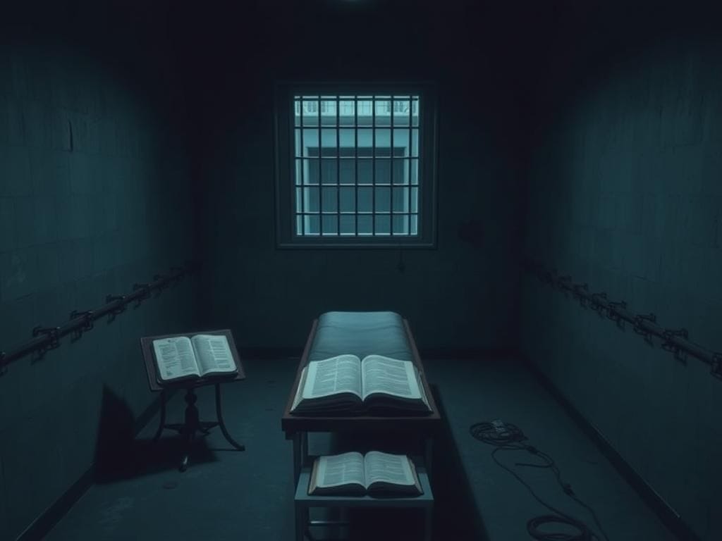 Flick International dimly lit execution chamber with empty gurney and reflective atmosphere