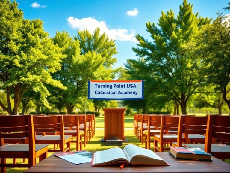 Flick International Empty outdoor classroom at Lake Country Classical Academy with Turning Point USA banner