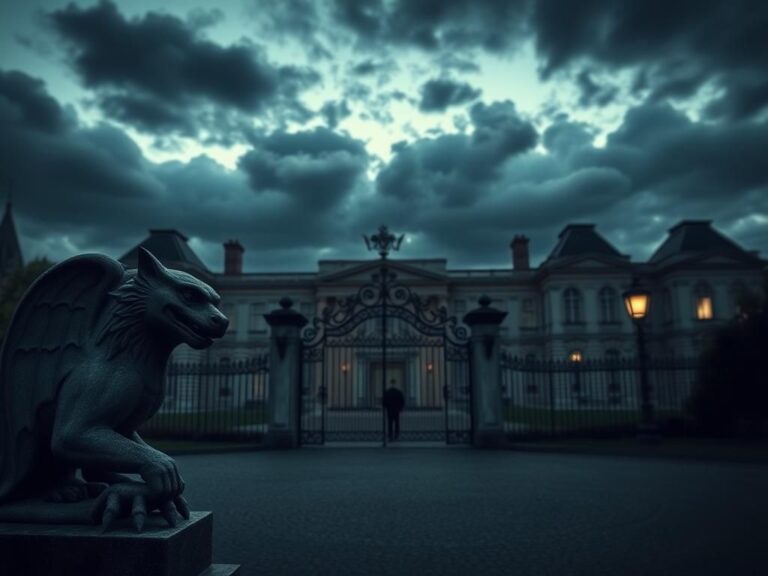 Flick International A dramatic royal palace scene with a partially open gate and dark clouds overhead symbolizing tension