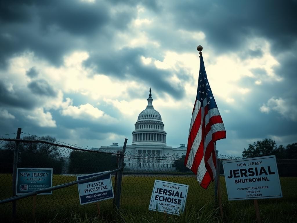 Flick International Dramatic view of the U.S. Capitol building under dark clouds symbolizing government shutdown turmoil