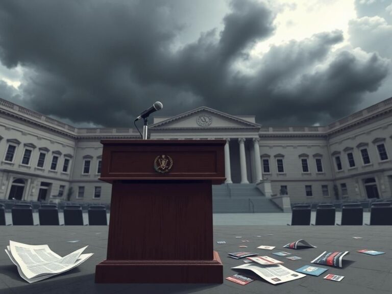 Flick International Empty Virginia state parliament building with a weathered podium symbolizing political tension
