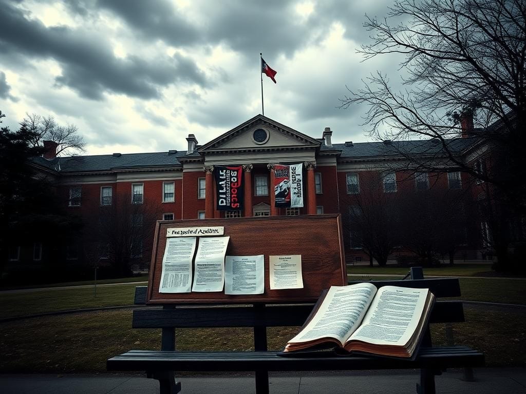 Flick International Large university campus building with protest banners advocating for free speech