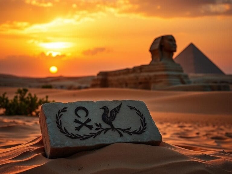 Flick International Dramatic sunset over the Egyptian desert with the Sphinx and pyramids in the background and an ancient stone tablet in the foreground.