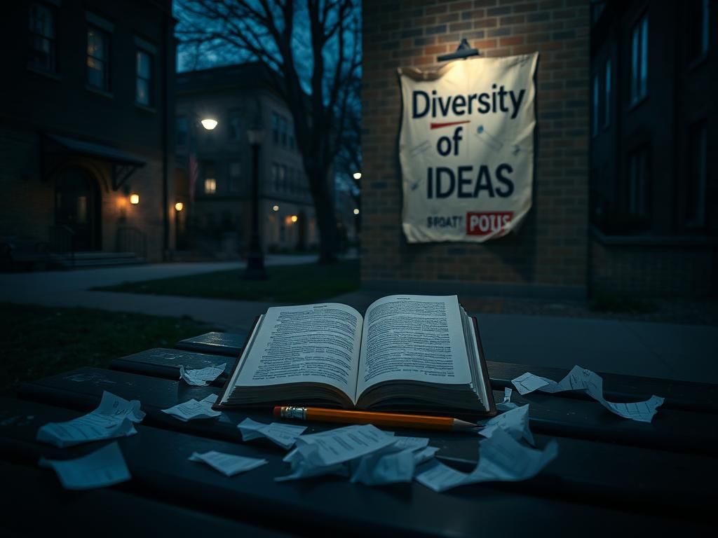Flick International Dimly lit university campus scene at dusk with an open book on a bench