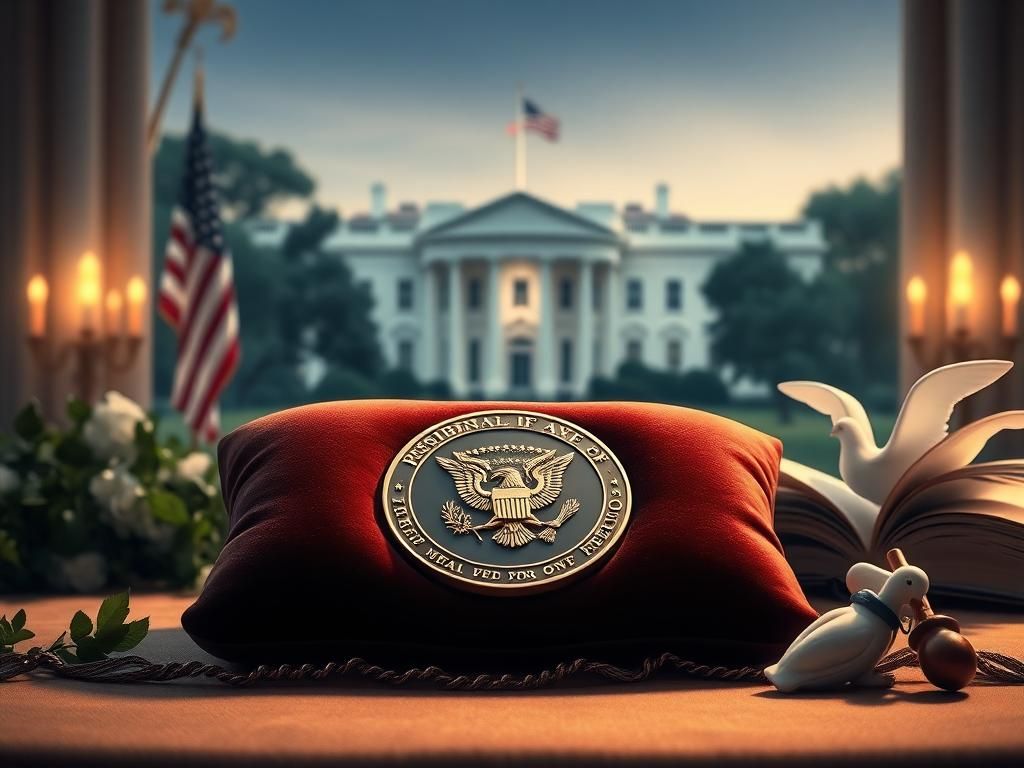 Flick International Presidential Medal of Freedom resting on a velvet cushion with a backdrop of the White House and greenery