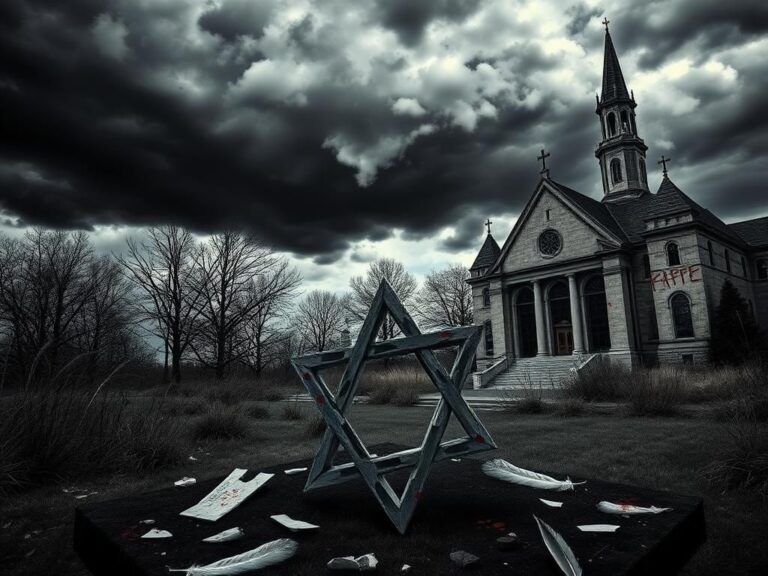 Flick International Shattered Star of David in foreground with dark storm clouds over a university campus