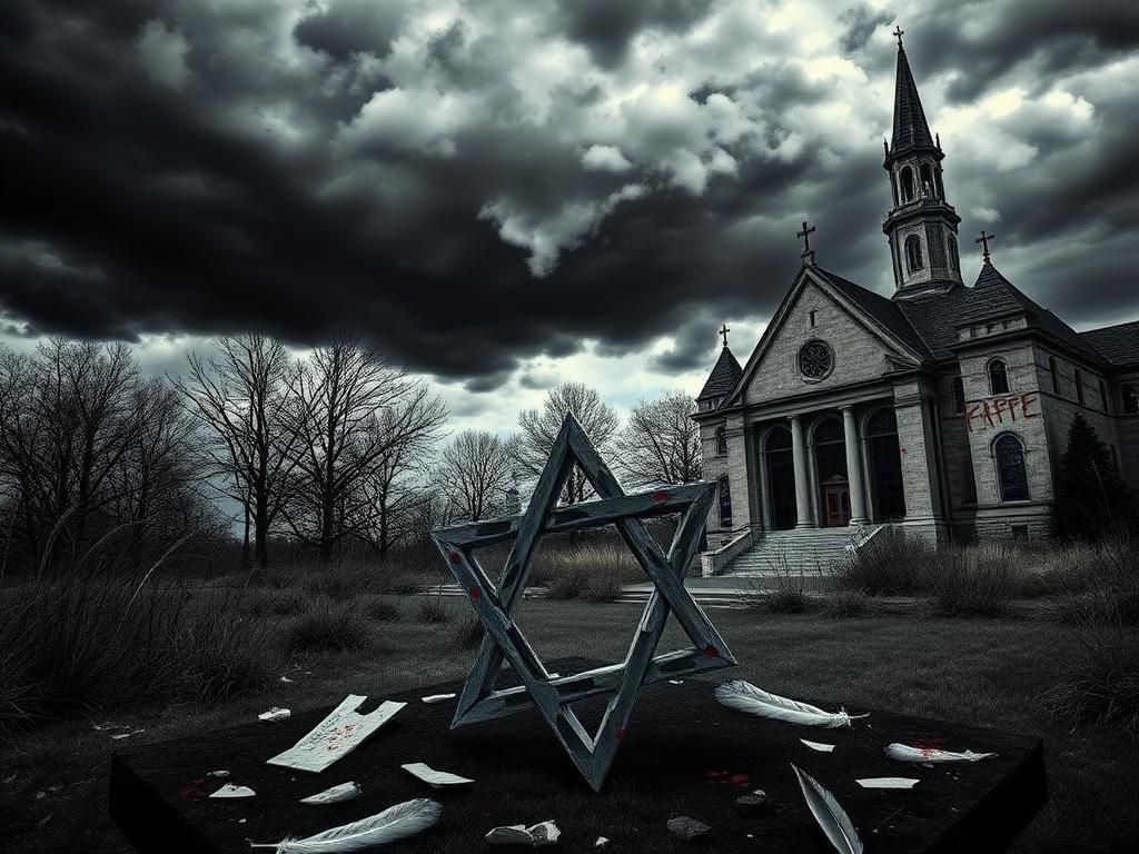 Flick International Shattered Star of David in foreground with dark storm clouds over a university campus