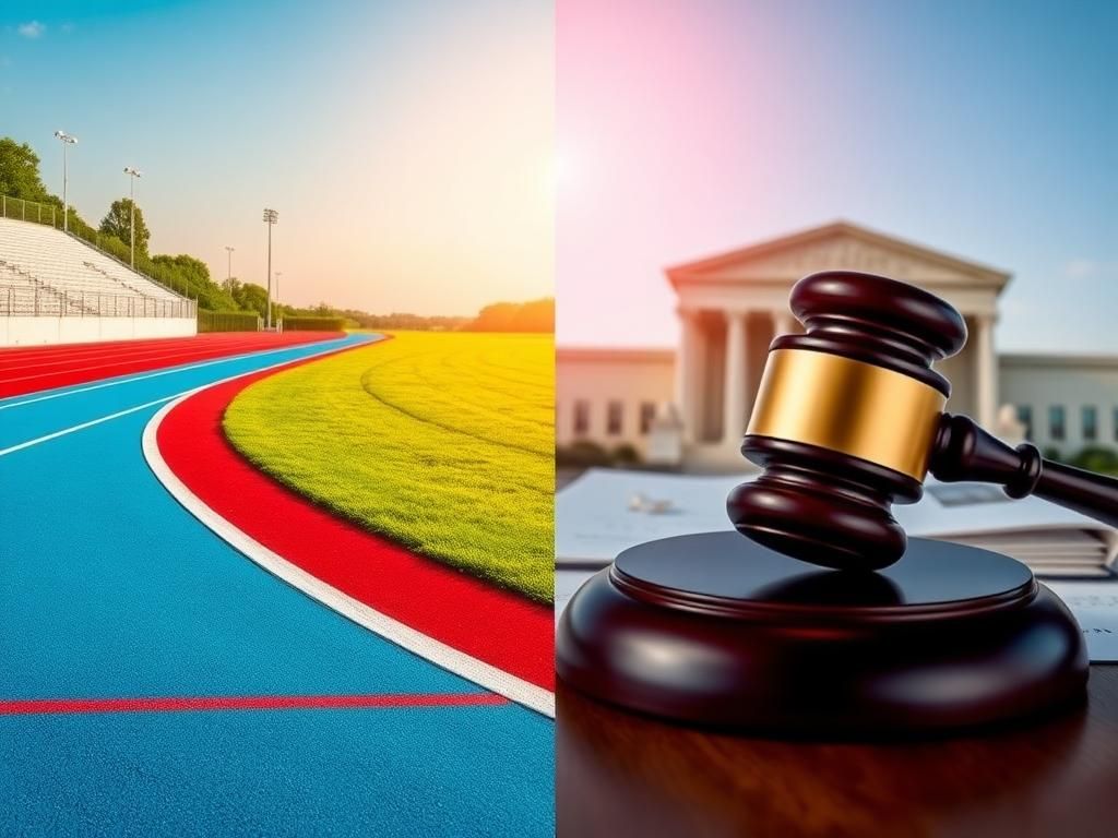 Flick International Split image depicting a women's cross-country track and a gavel on legal documents