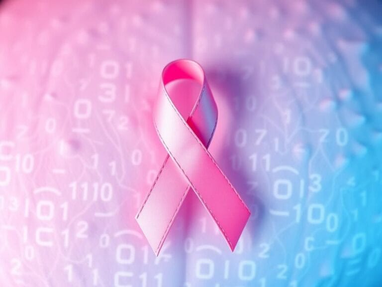 Flick International Close-up of a breast cancer awareness ribbon intertwined with a neural network design