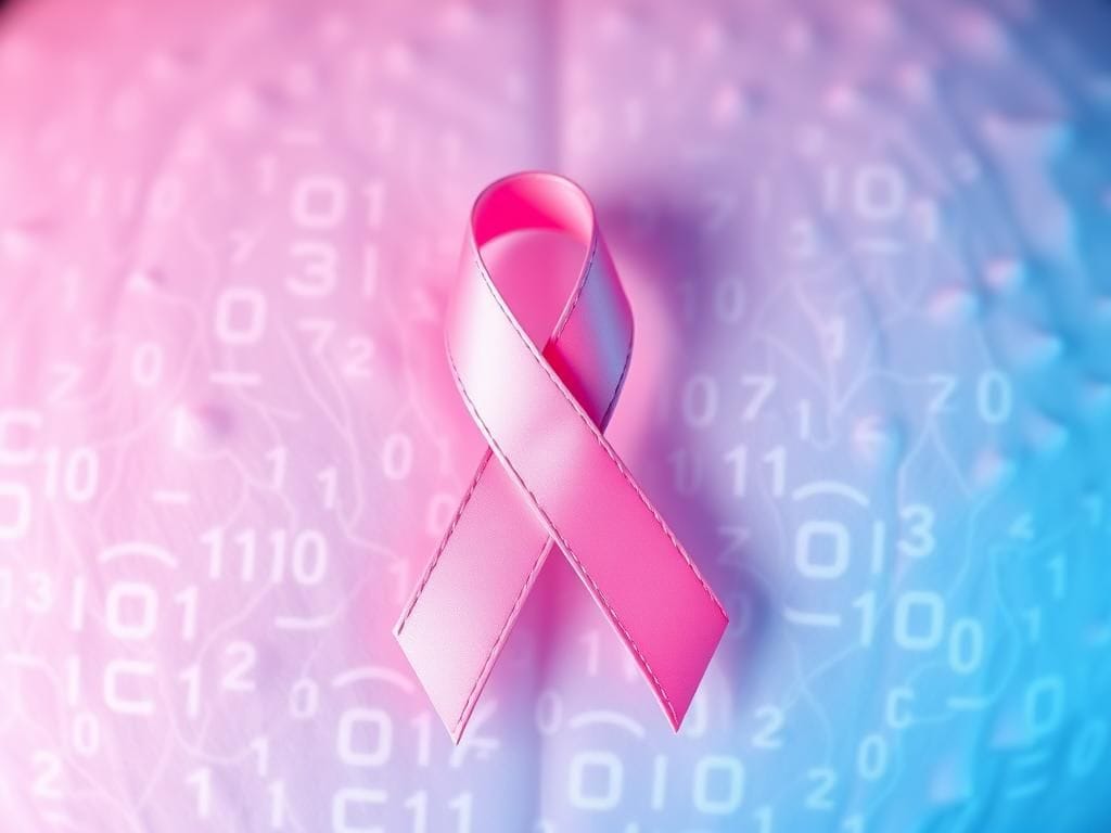 Flick International Close-up of a breast cancer awareness ribbon intertwined with a neural network design