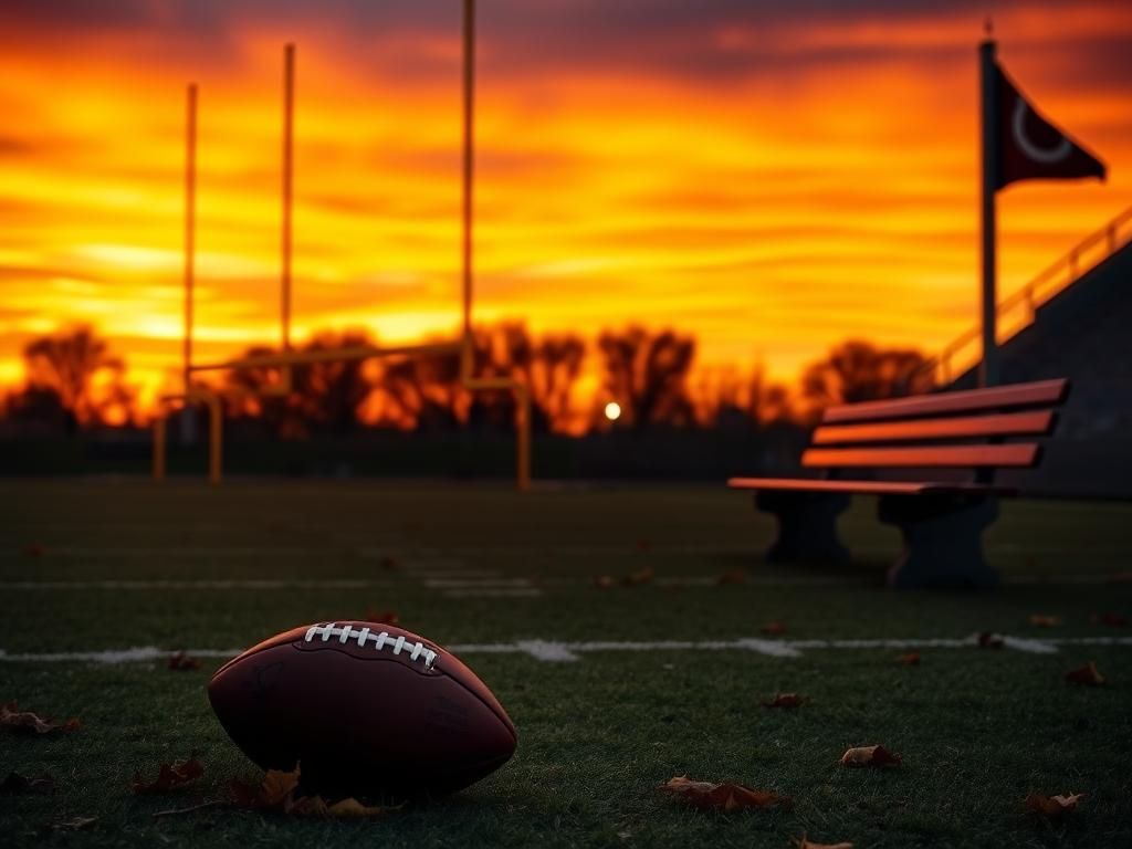 Flick International Empty football field at sunset with goalposts silhouetted