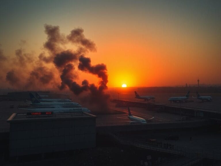 Flick International A sprawling airport scene at sunset with planes parked at empty gates amidst flight cancellations.