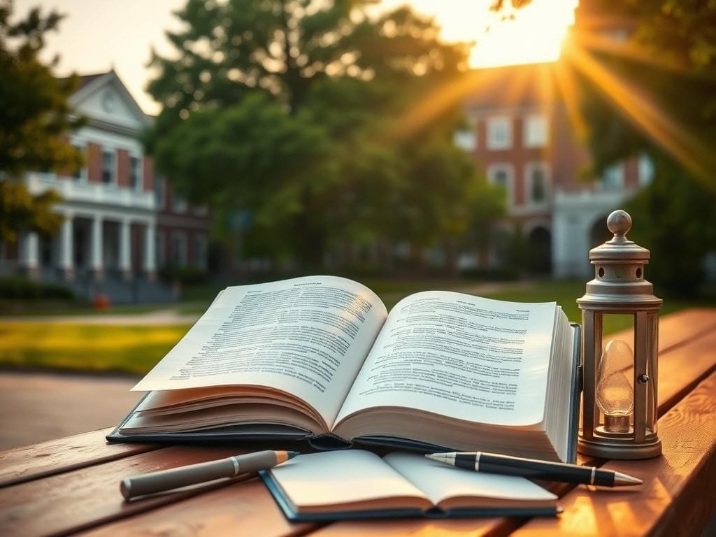 Flick International A serene college campus at sunrise with a book and journal symbolizing knowledge and values