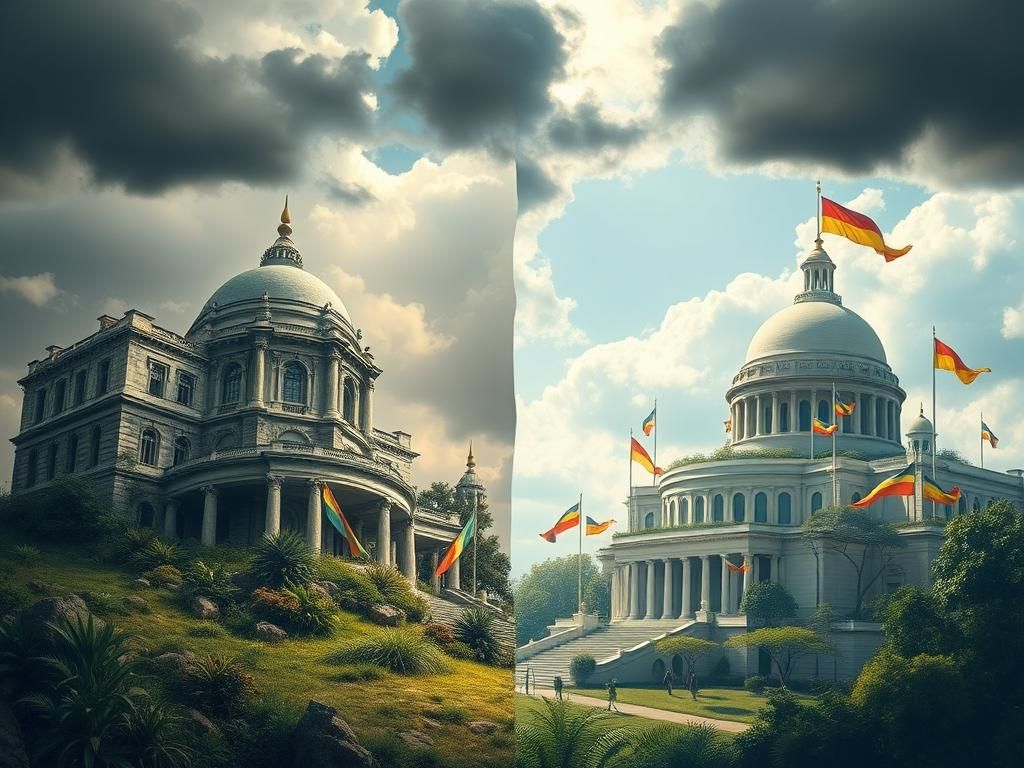 Flick International A visual contrast between an old, crumbling stately building and a vibrant modern structure representing youthful leadership.