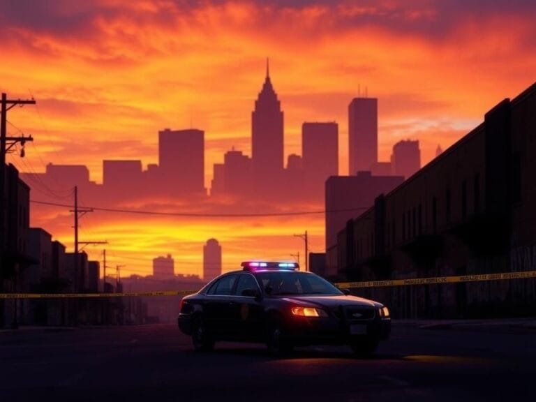 Flick International A shadowy police car with flashing lights parked on a deserted street in Memphis at dusk, representing law enforcement presence amid urban decay.