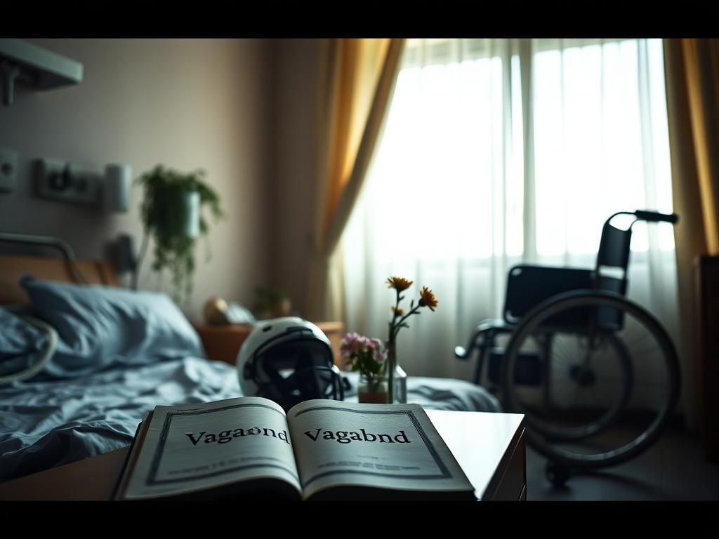 Flick International Hospital room with memoir 'Vagabond' and medical items symbolizing recovery