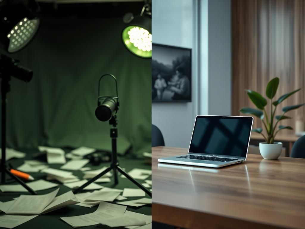 Flick International A split-screen image showing contrasting media chaos and a serene office environment