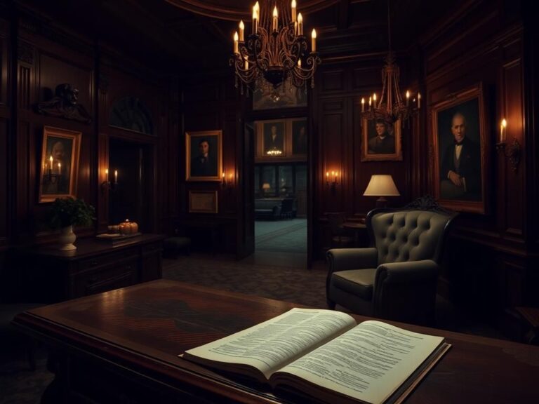 Flick International Dimly lit hotel lobby interior with dark wood paneling and ornate chandeliers
