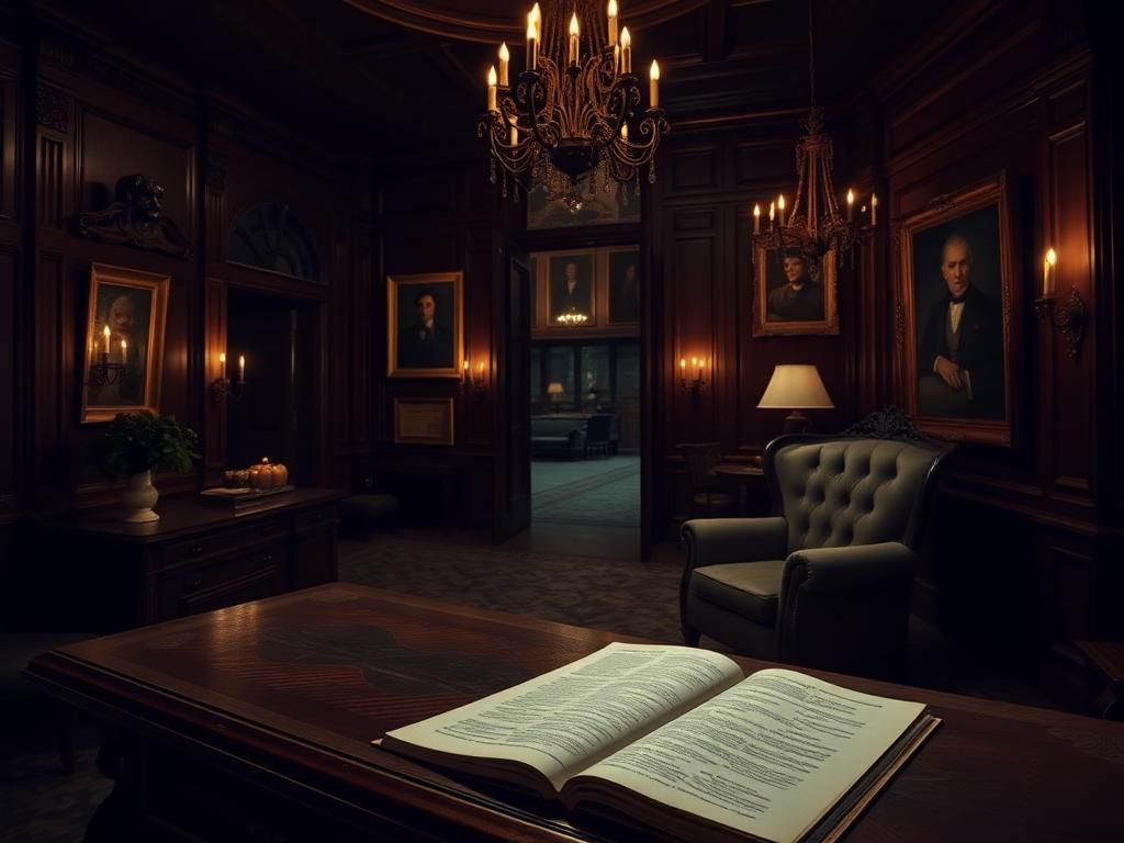 Flick International Dimly lit hotel lobby interior with dark wood paneling and ornate chandeliers
