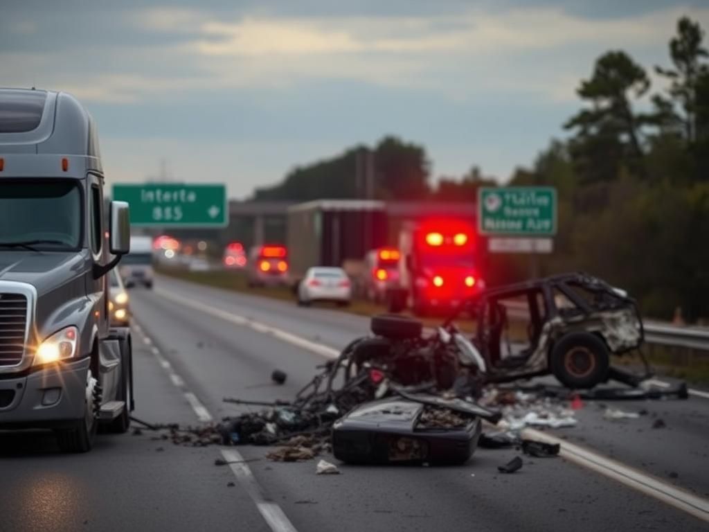 Flick International Semi-truck involved in a deadly multi-vehicle crash on Interstate 85, highlighting the wreckage and damage
