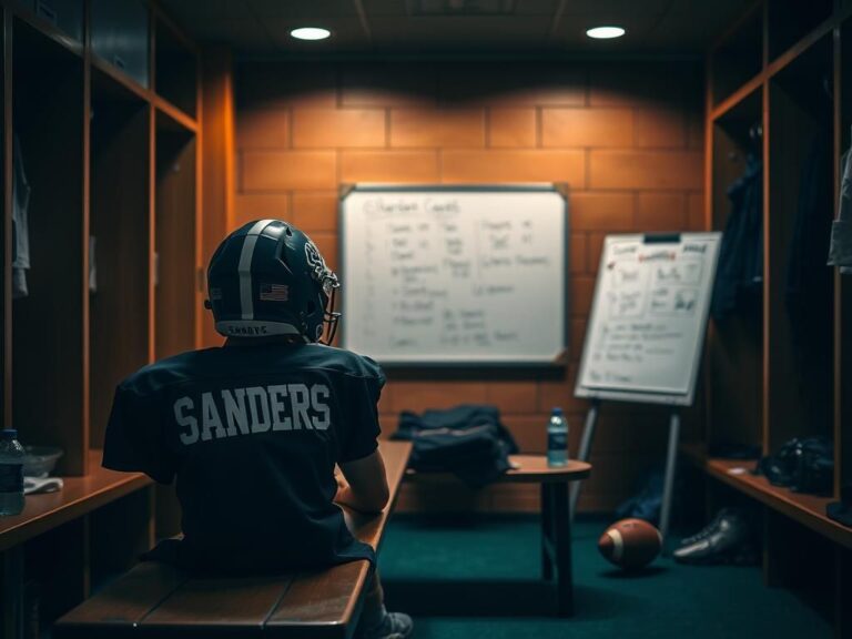 Flick International Empty sports locker room featuring a bench with a football helmet and a jersey bearing 'Sanders'