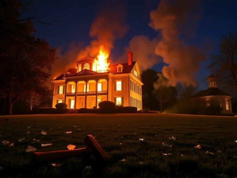 Flick International Nighttime view of the Pennsylvania governor's mansion engulfed in flames during an arson attack