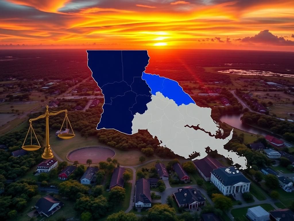 Flick International Aerial view of a vibrant Louisiana landscape with a fragmented congressional district map overlaid, highlighting majority-Black districts and voting rights symbols.