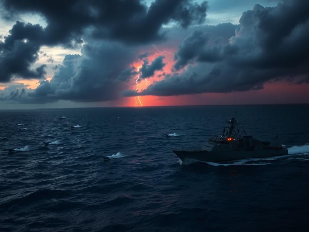 Flick International Aerial view of a naval ship patrolling turbulent Caribbean sea at dusk with storm clouds