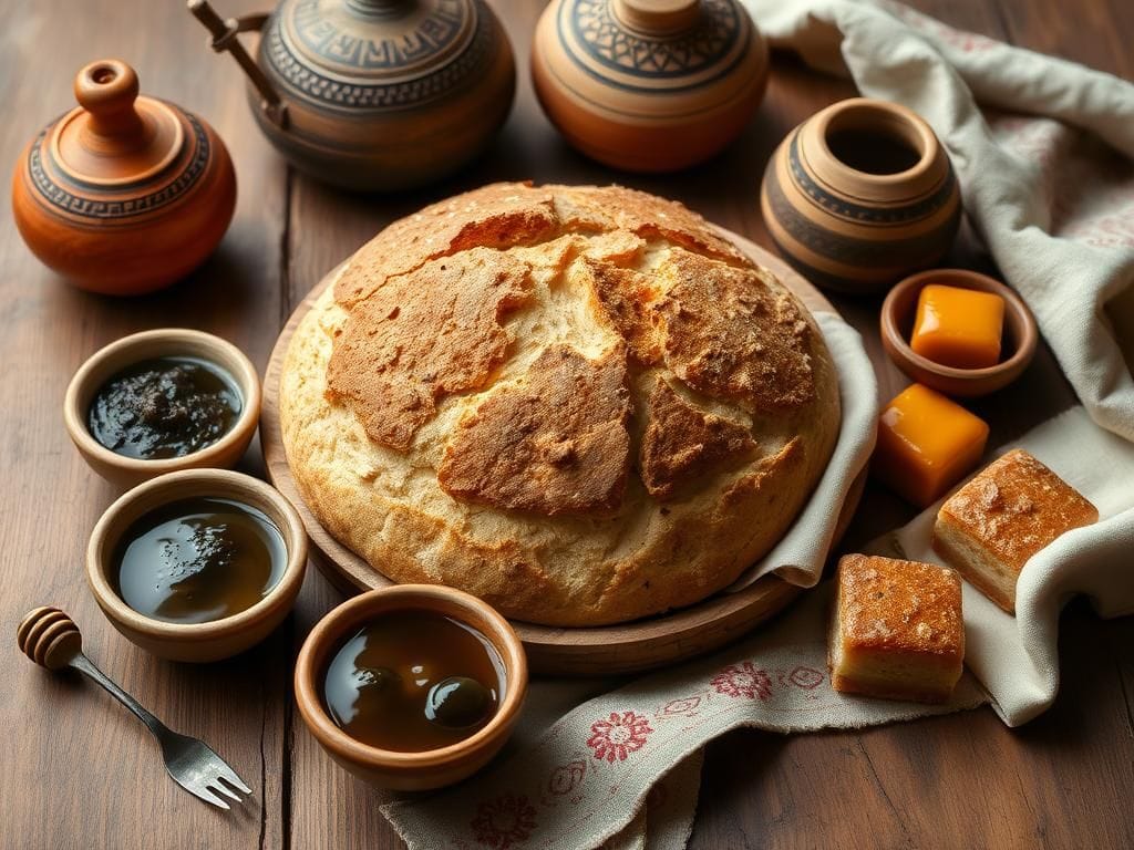 Flick International A rustic wooden table displaying ancient Roman dishes with Pompeii bread, olive paste, and honey cakes