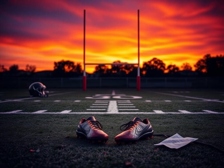 Flick International Abstract representation of a football field at sunset with goalposts silhouetted
