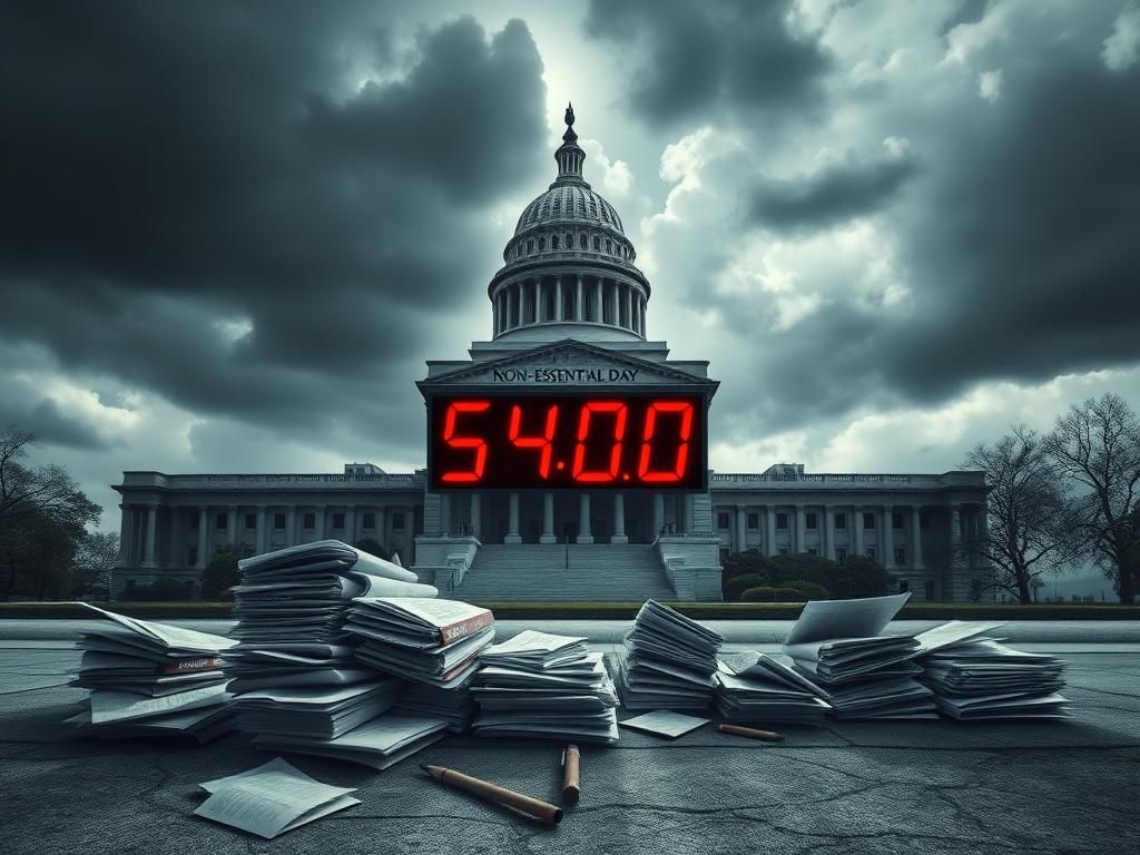 Flick International Abandoned government building surrounded by gray clouds and scattered paperwork symbolizing the turmoil of a government shutdown.