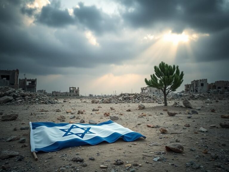 Flick International A broken Israeli flag lying on the ground in a desolate landscape of Gaza after conflict