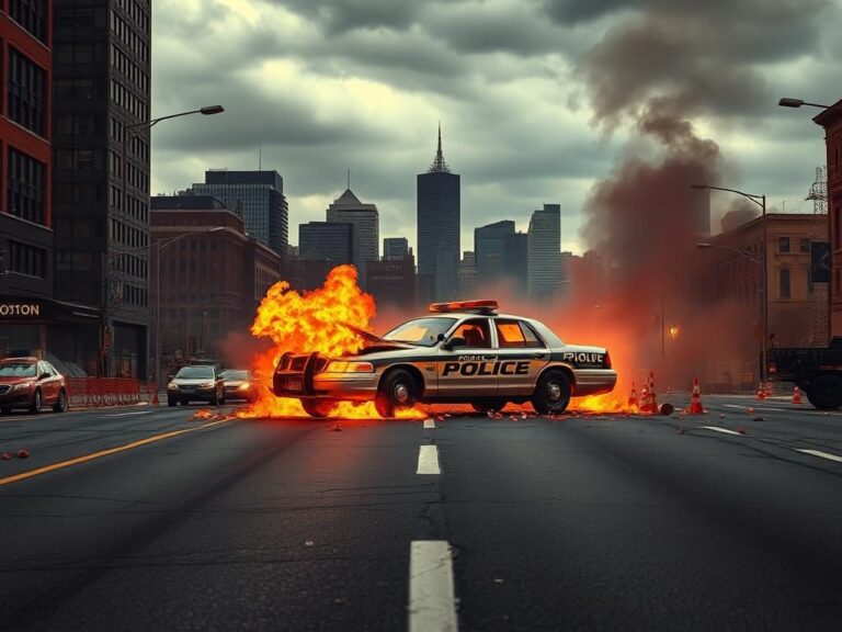 Flick International Dramatic scene of a damaged police cruiser amidst chaos in Boston