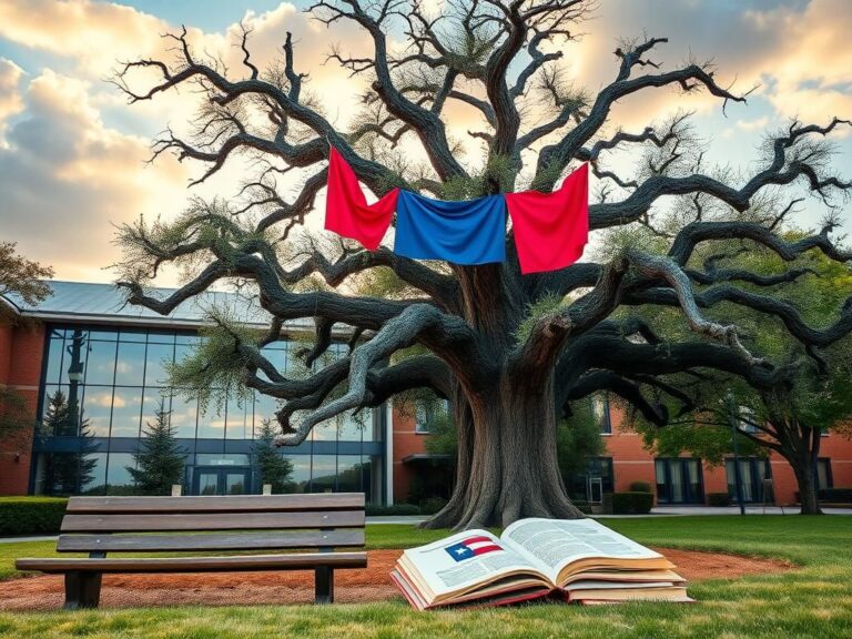 Flick International Vibrant university campus with a weathered oak tree and colorful political banners