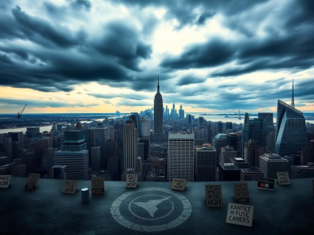 Flick International Dramatic cityscape of New York City with a stylized skyline and the Statue of Liberty in the foreground