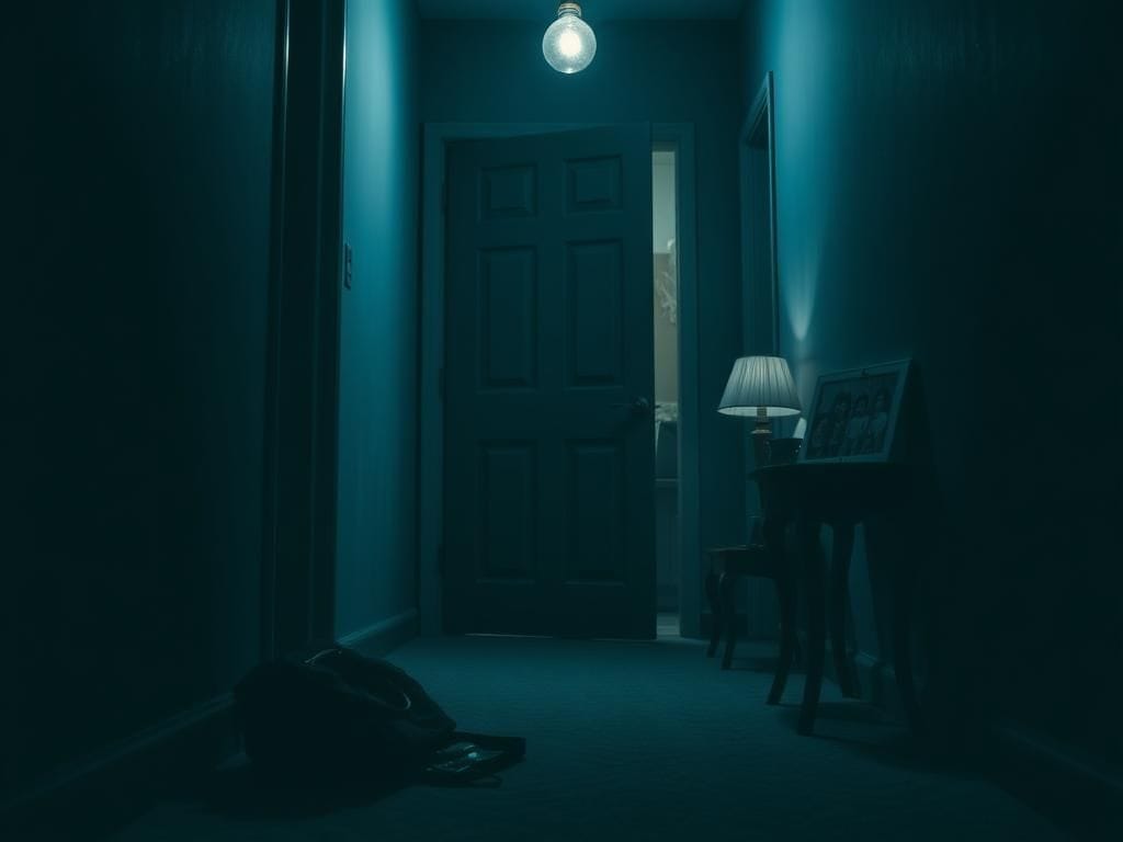 Flick International A dimly lit hallway with a discarded handbag symbolizing a disrupted life