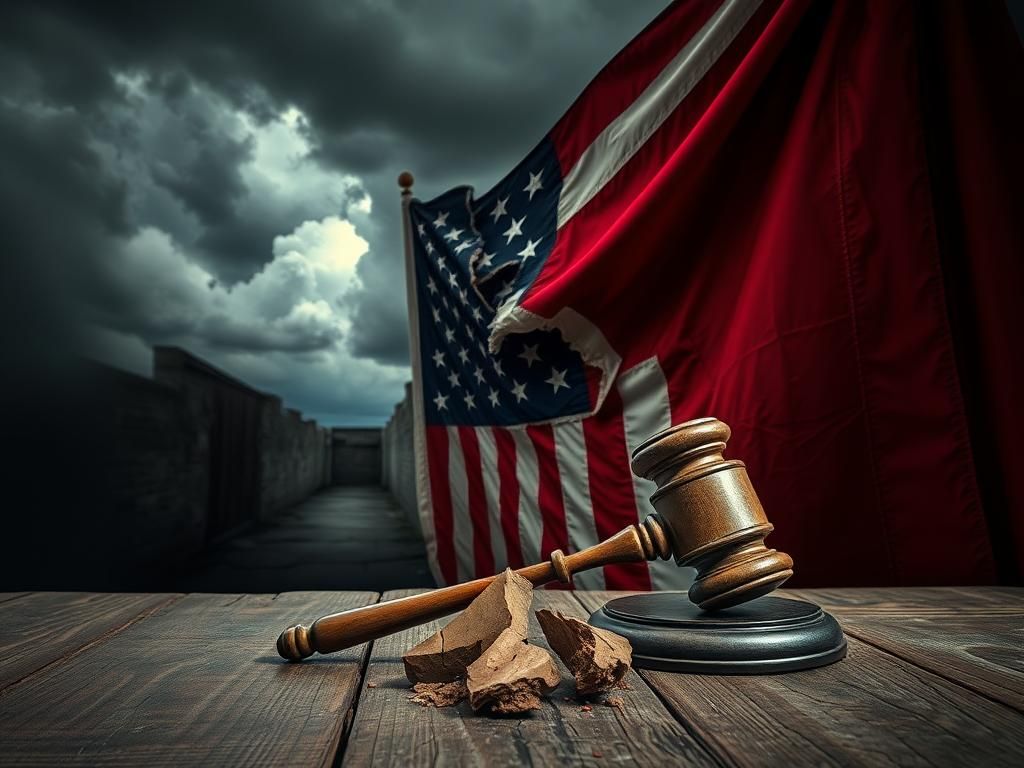 Flick International A dramatic, shattered American flag and cracked gavel symbolizing political unrest