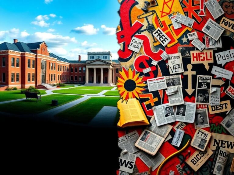 Flick International Split-screen composition contrasting a serene university campus with traditional brick buildings and vibrant graffiti symbolizing campus controversy.