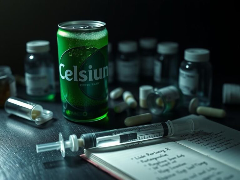 Flick International Close-up of a green Celsius energy drink surrounded by ominous items suggesting illicit activity.