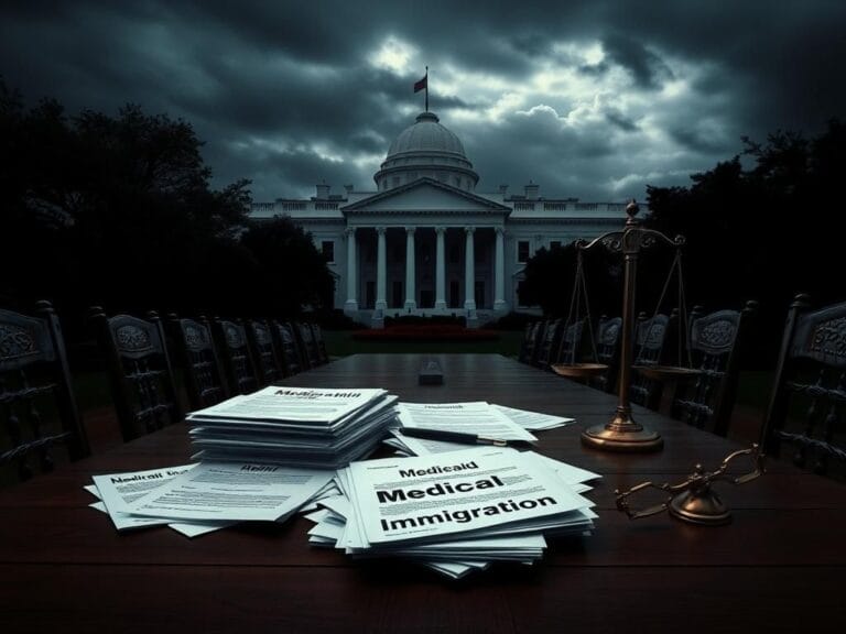 Flick International Government building representing the White House with a stormy sky overhead and documents labeled Medicaid and Illegal Immigration in the foreground.