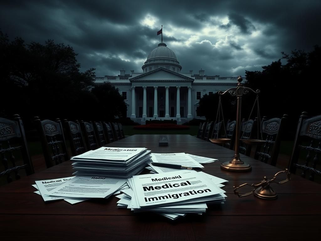 Flick International Government building representing the White House with a stormy sky overhead and documents labeled Medicaid and Illegal Immigration in the foreground.